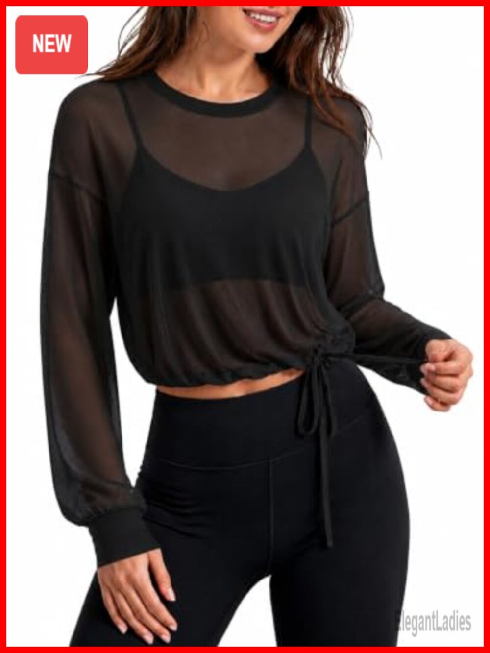 Women's Sheer Mesh Long Sleeve Crew Neck Workout Crop Top with Drawstring Hem